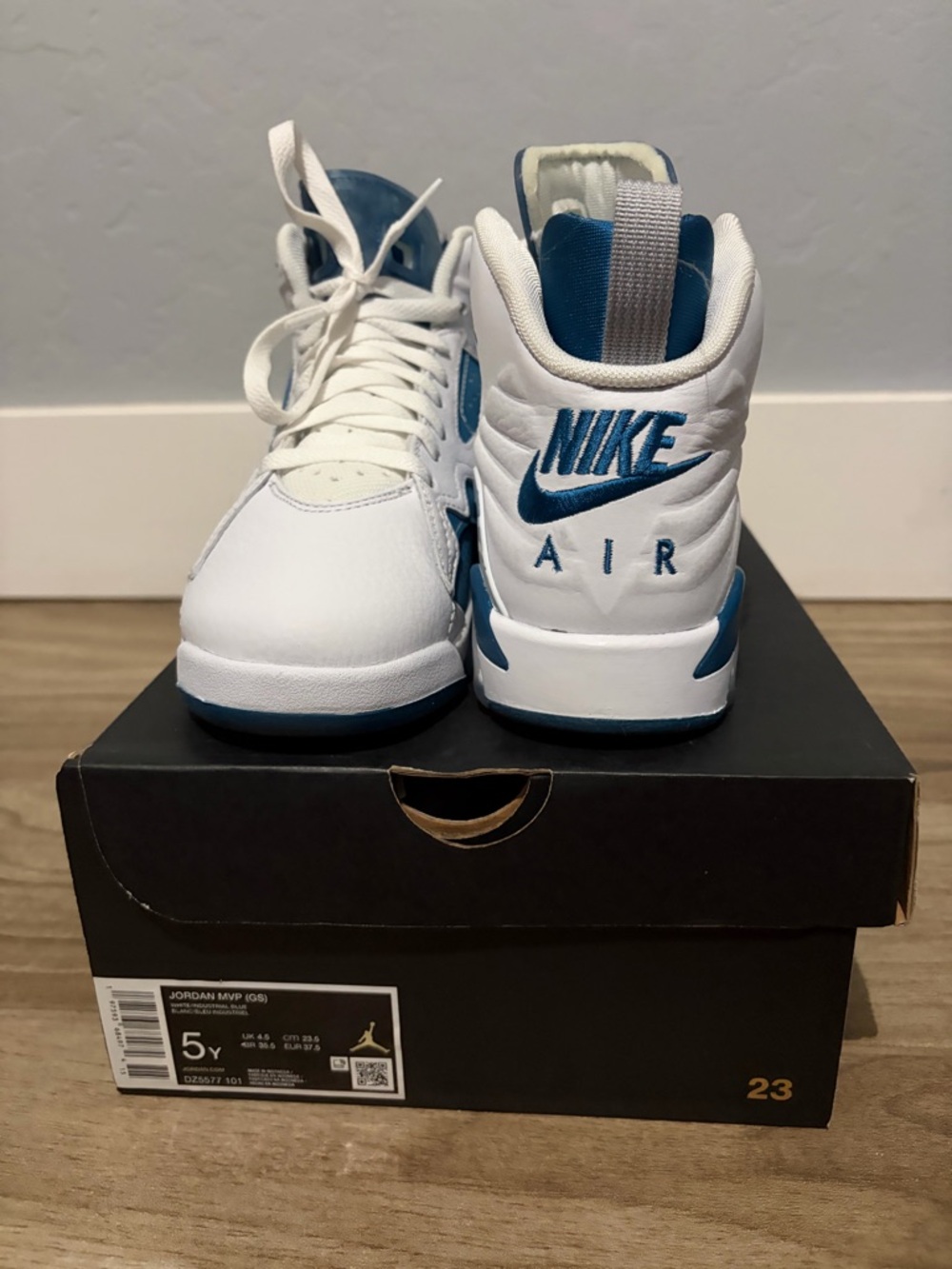 Jordan Kids White and Blue High-Top Sneakers